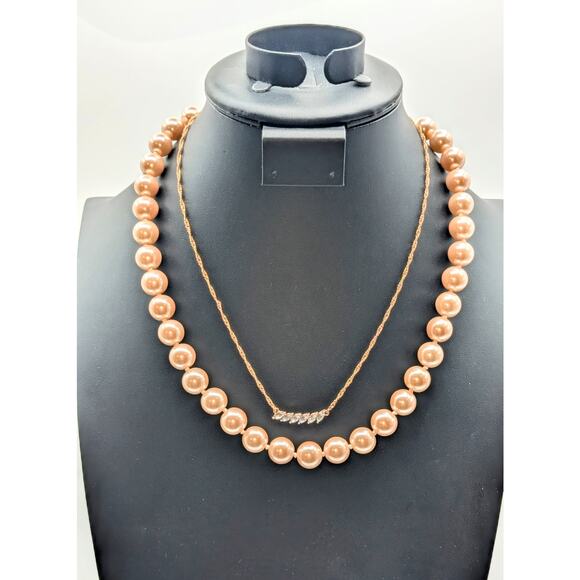Kenneth J. Lane 12 mm Pink Faux Pearl & Floating CZ Rose Tone Necklaces - Picture 1 of 7